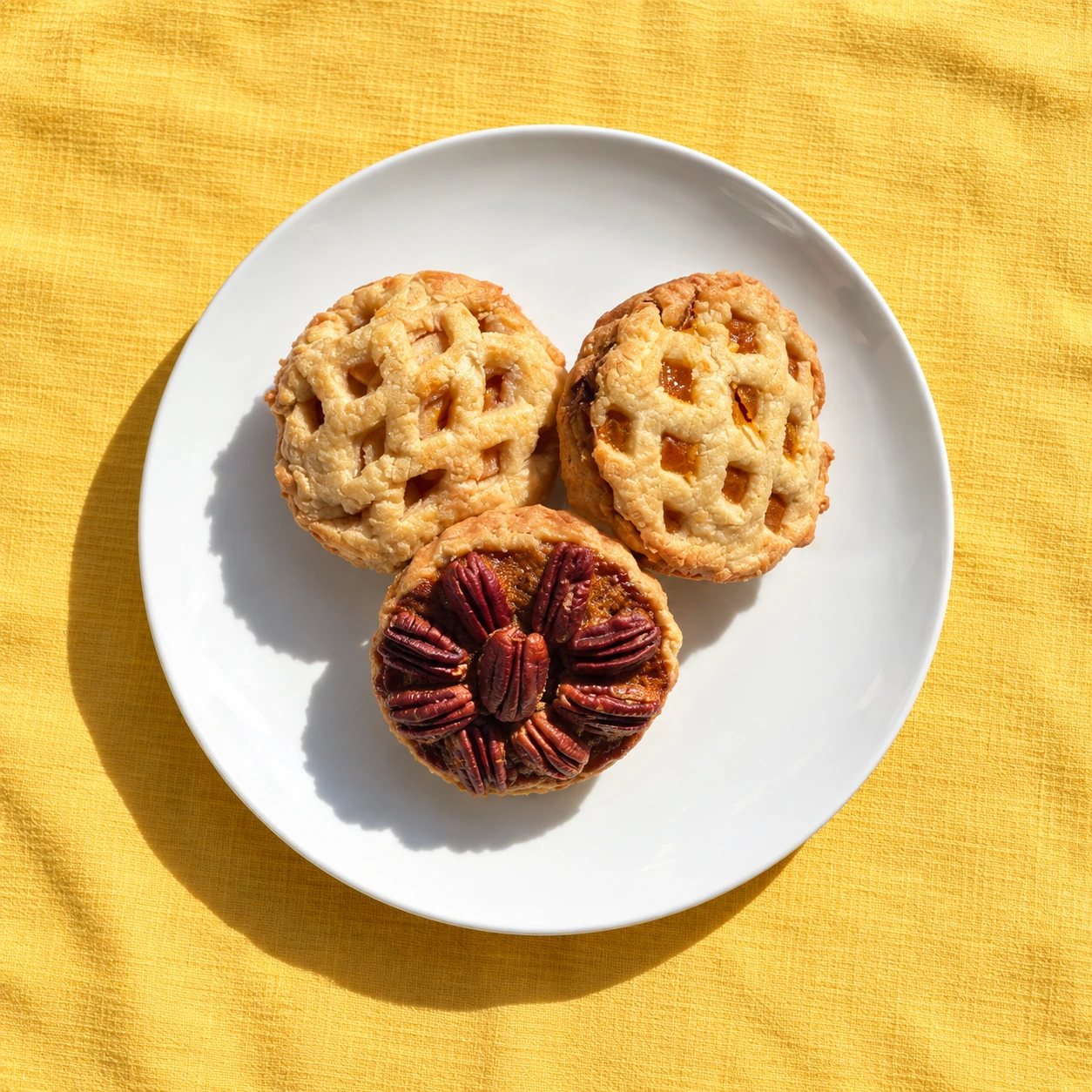 A selection of baby pies on a white plate over golden yellow fabric