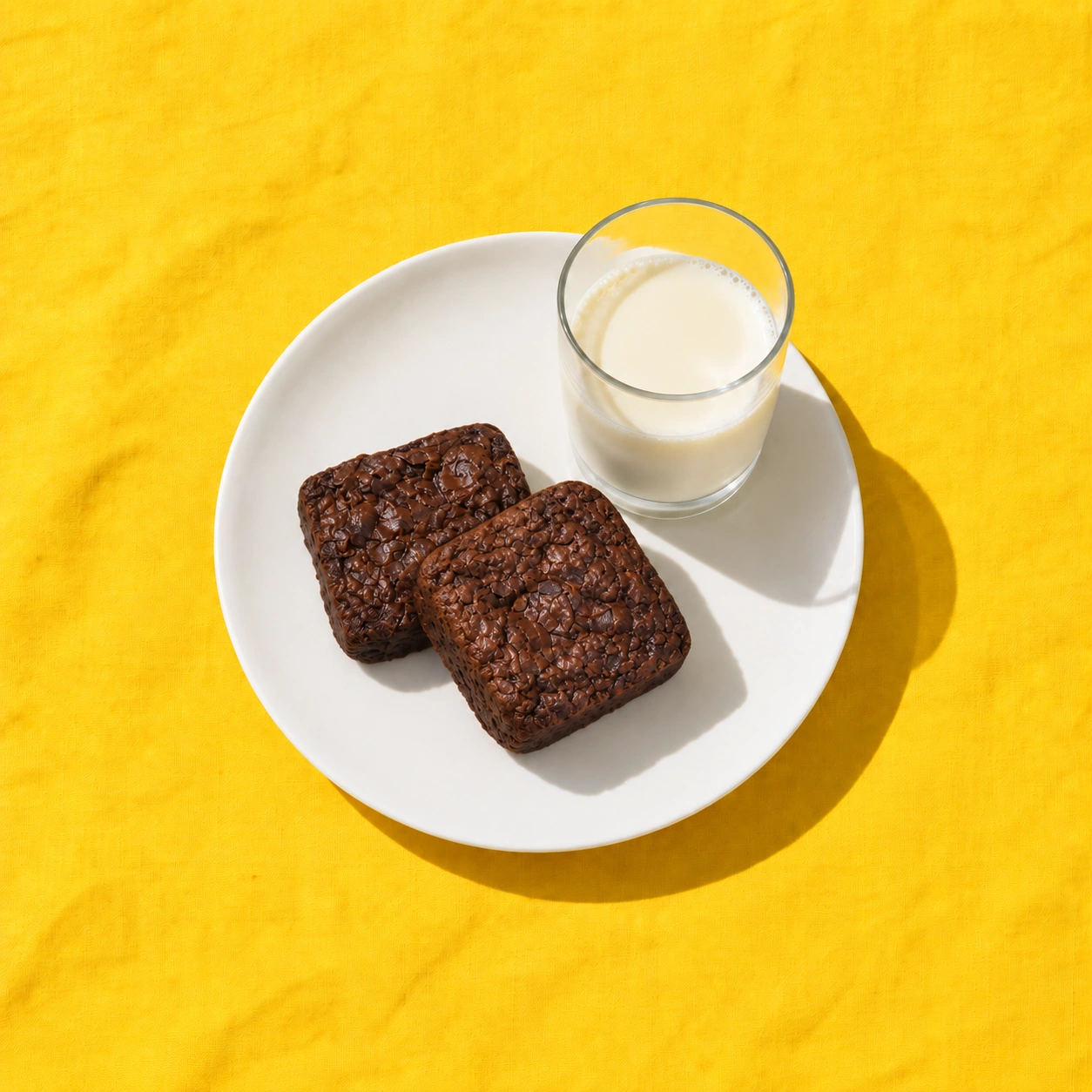 Two Belgian brownies and a glass of milk on a white plate over golden yellow fabric