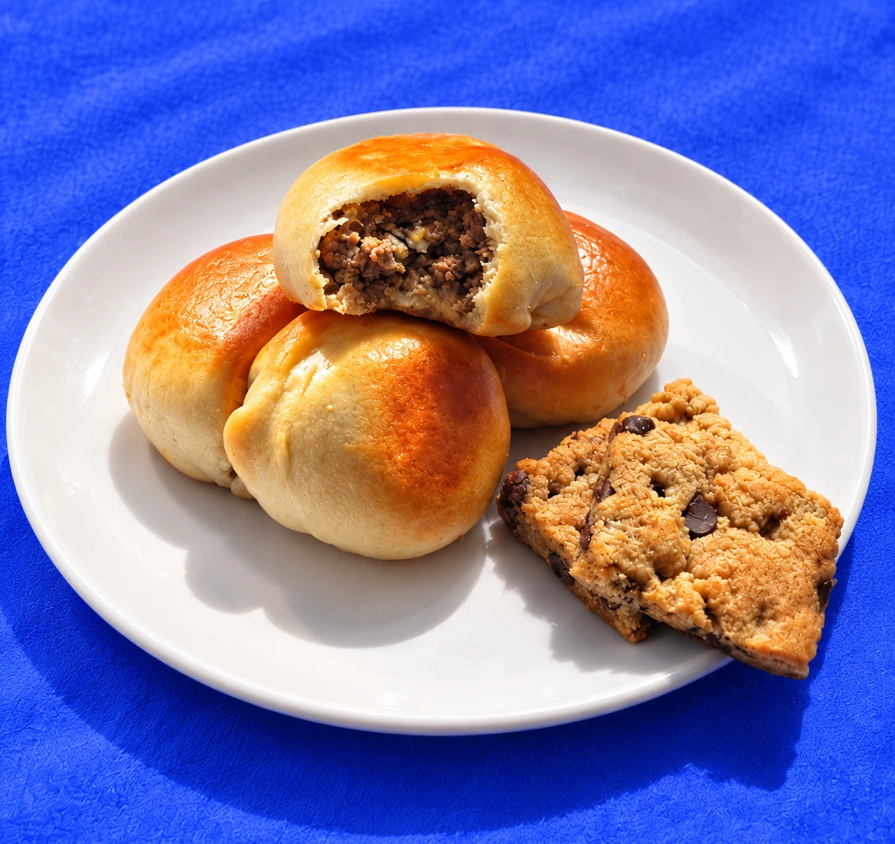 Four beef bierocks and two chocolate chip cookie bars on a white plate over vivid blue fabric