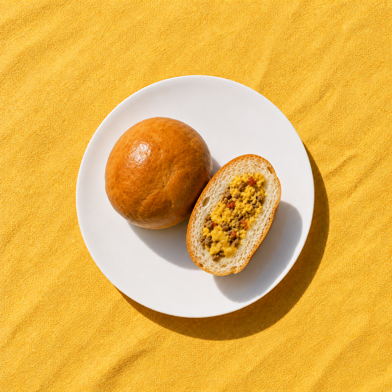 Breakfast bierock, one whole and one cut open, on a white plate over golden yellow fabric